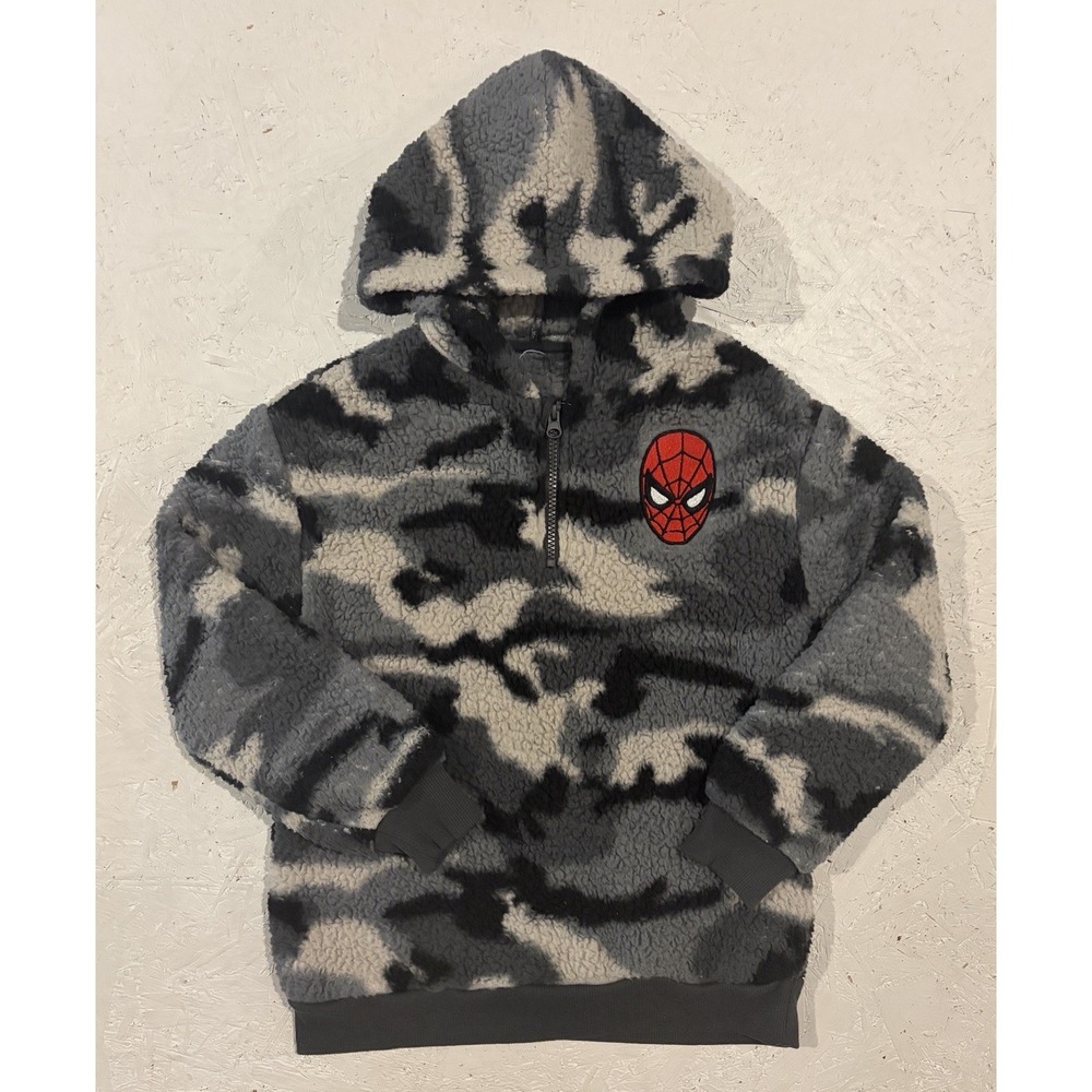 MARVEL SPIDERMAN YOUTH LONG‎ SLEEVE 1/4 ZIP PULLOVER FAUX FURE HOODIE M